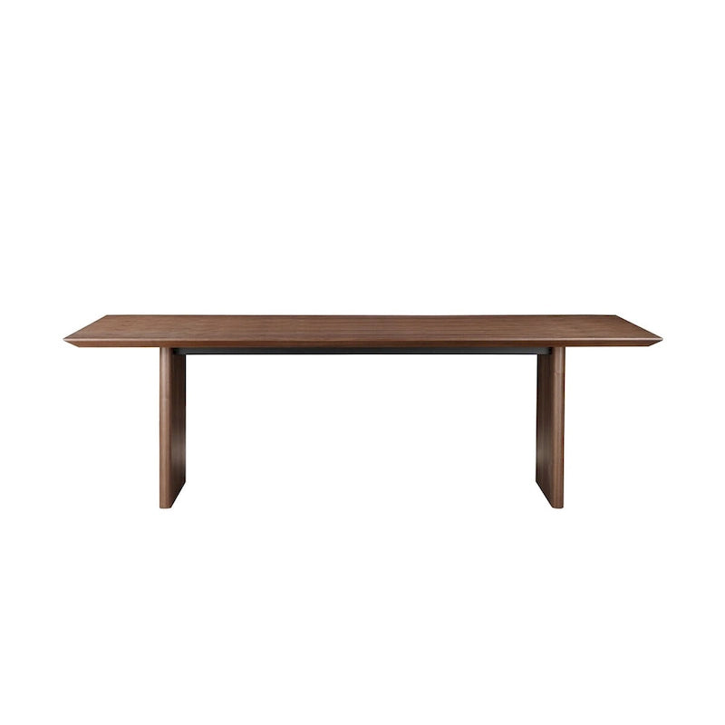 Mesa de comedor rectangular en nogal marrón, patas de panel ancho, con capacidad para 8-10 personas
