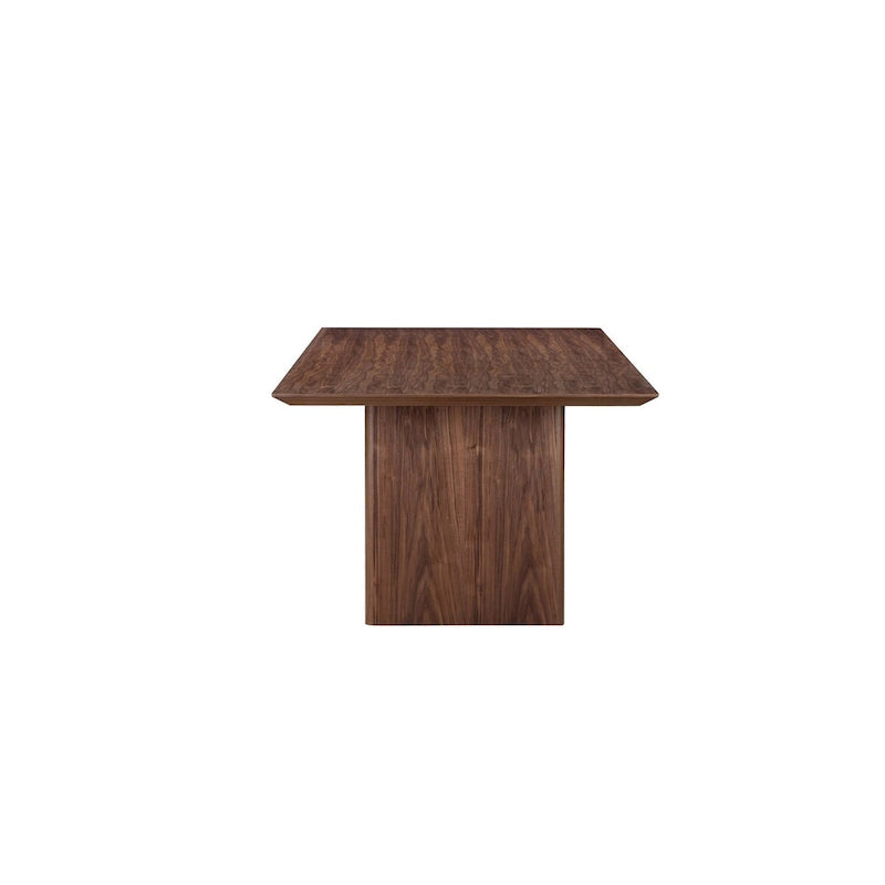 Mesa de comedor rectangular en nogal marrón, patas de panel ancho, con capacidad para 8-10 personas