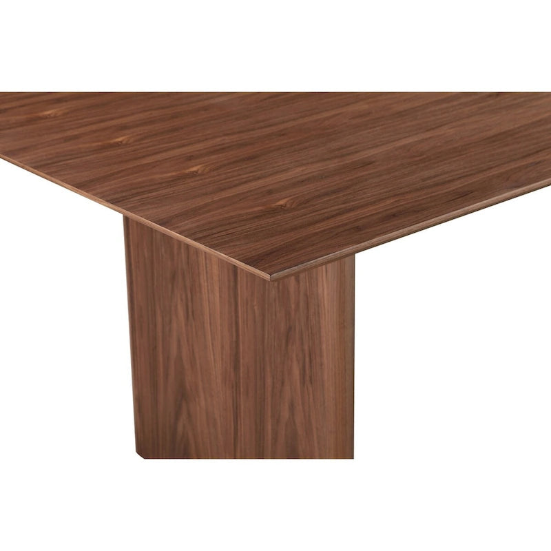 Mesa de comedor rectangular en nogal marrón, patas de panel ancho, con capacidad para 8-10 personas