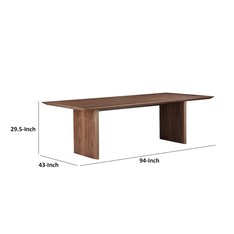Mesa de comedor rectangular en nogal marrón, patas de panel ancho, con capacidad para 8-10 personas