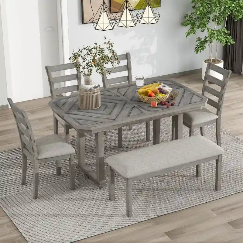 Juego de comedor de 6 piezas de madera de caucho con una hermosa mesa con patrón de vetas de madera