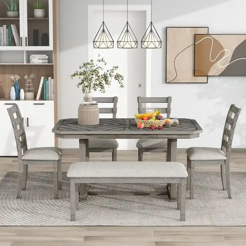 Juego de comedor de 6 piezas de madera de caucho con una hermosa mesa con patrón de vetas de madera