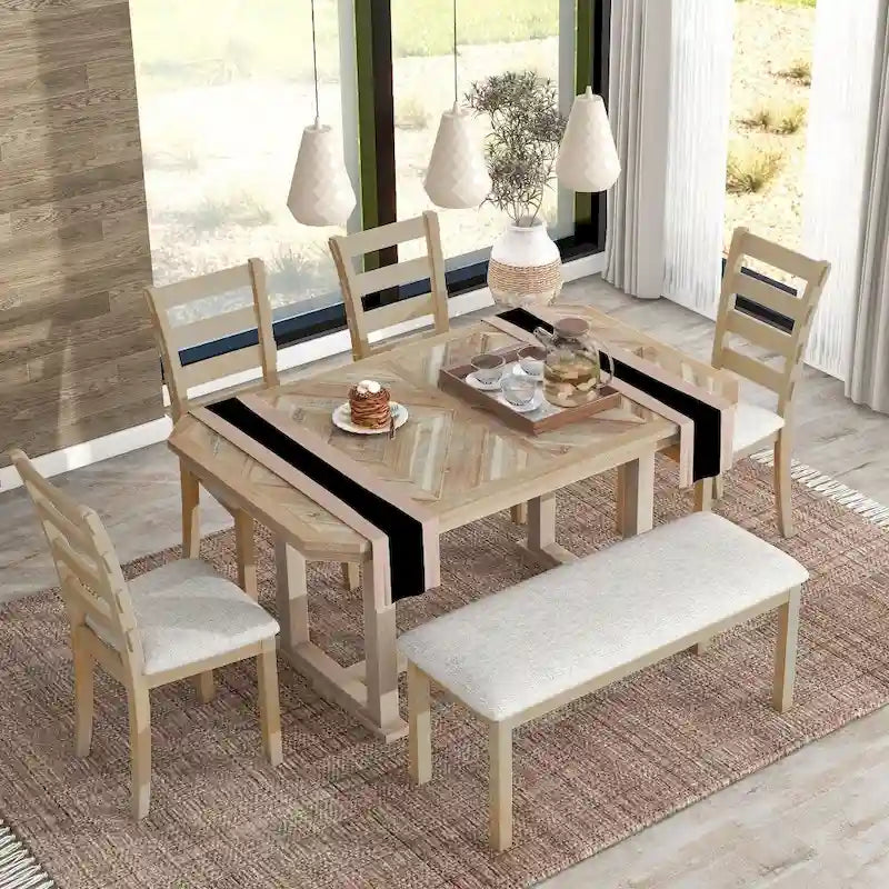 Juego de comedor de 6 piezas de madera de caucho con una hermosa mesa con patrón de vetas de madera