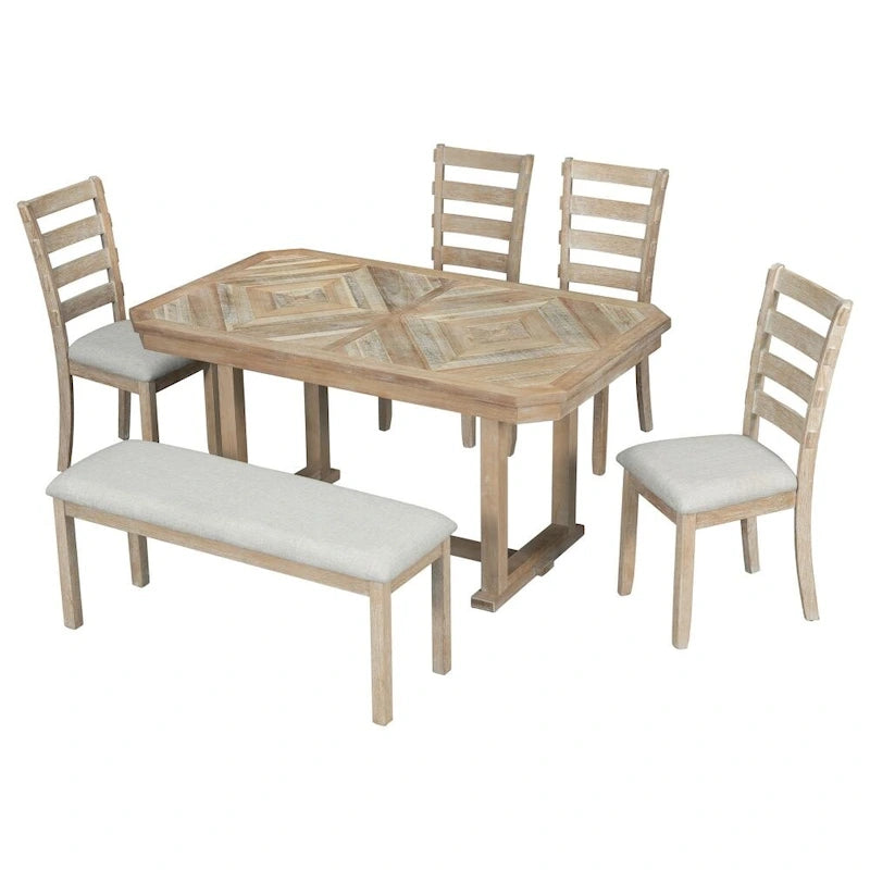 Juego de comedor de 6 piezas de madera de caucho con una hermosa mesa con patrón de vetas de madera