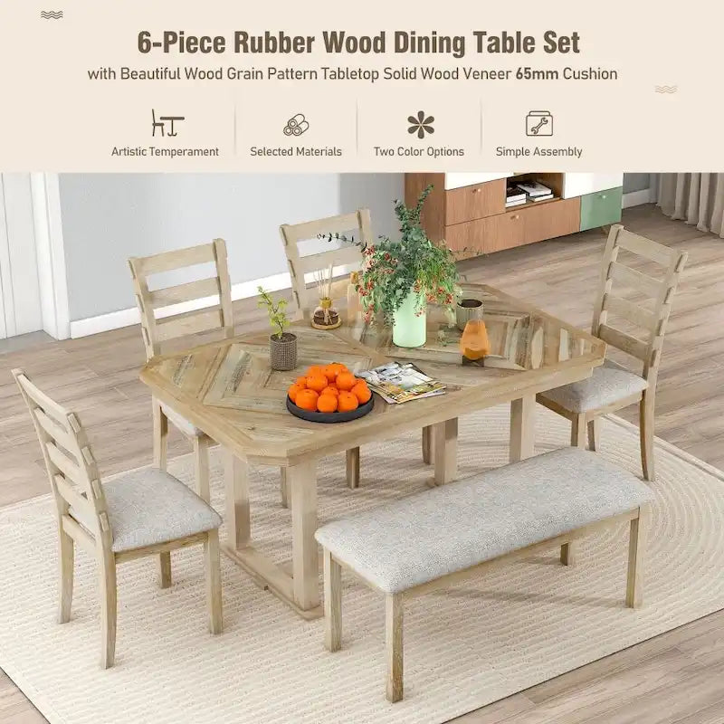 Juego de comedor de 6 piezas de madera de caucho con una hermosa mesa con patrón de vetas de madera