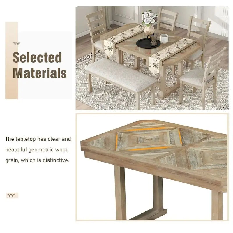 Juego de comedor de 6 piezas de madera de caucho con una hermosa mesa con patrón de vetas de madera
