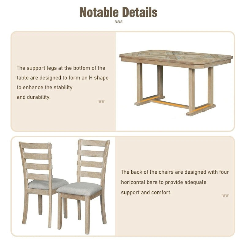 Juego de comedor de 6 piezas de madera de caucho con una hermosa mesa con patrón de vetas de madera