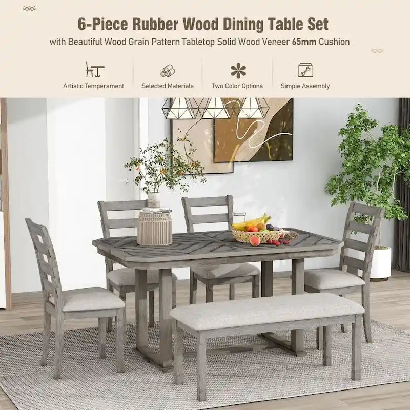 Juego de comedor de 6 piezas de madera de caucho con una hermosa mesa con patrón de vetas de madera