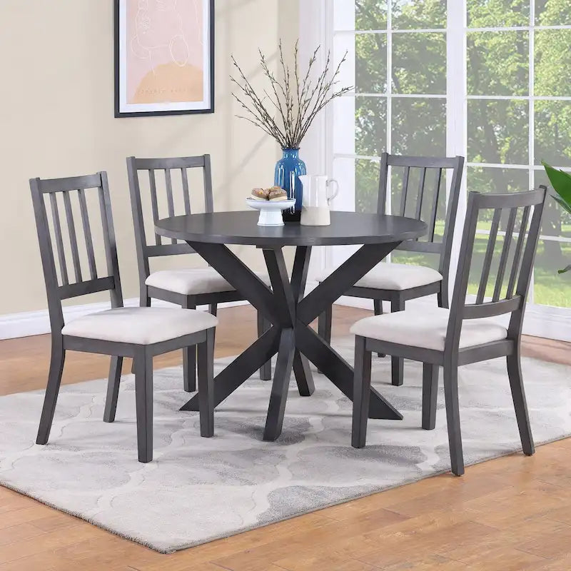 Mesa de comedor redonda gris con base en X, 42", para 4 personas