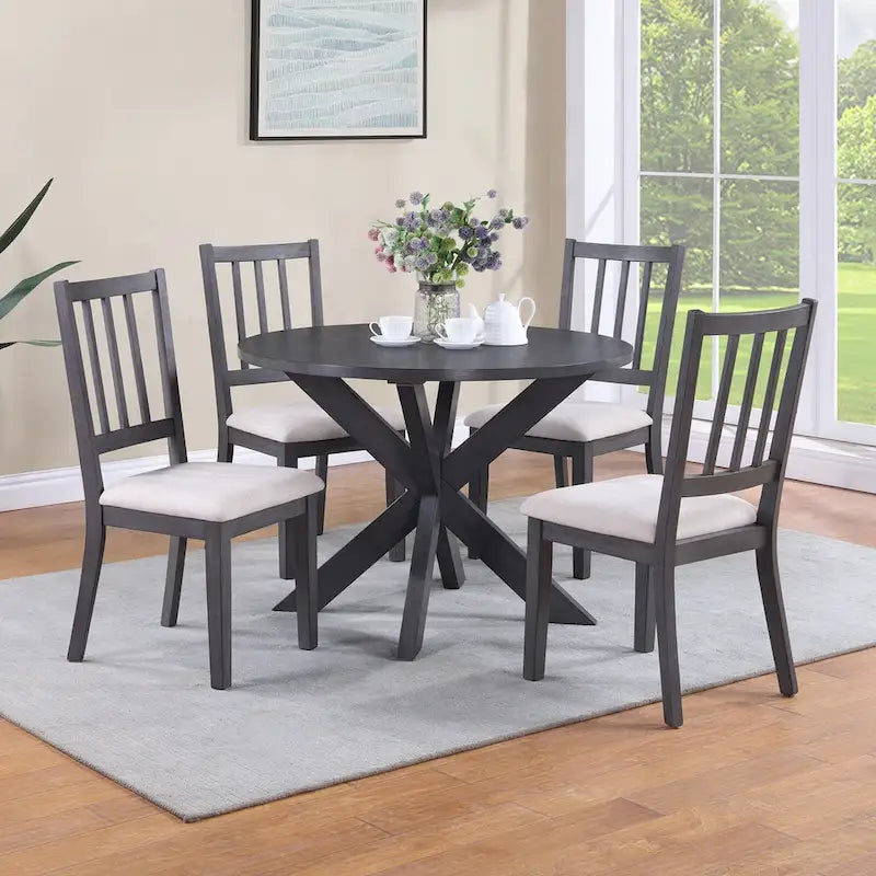 Mesa de comedor redonda gris con base en X, 42", para 4 personas