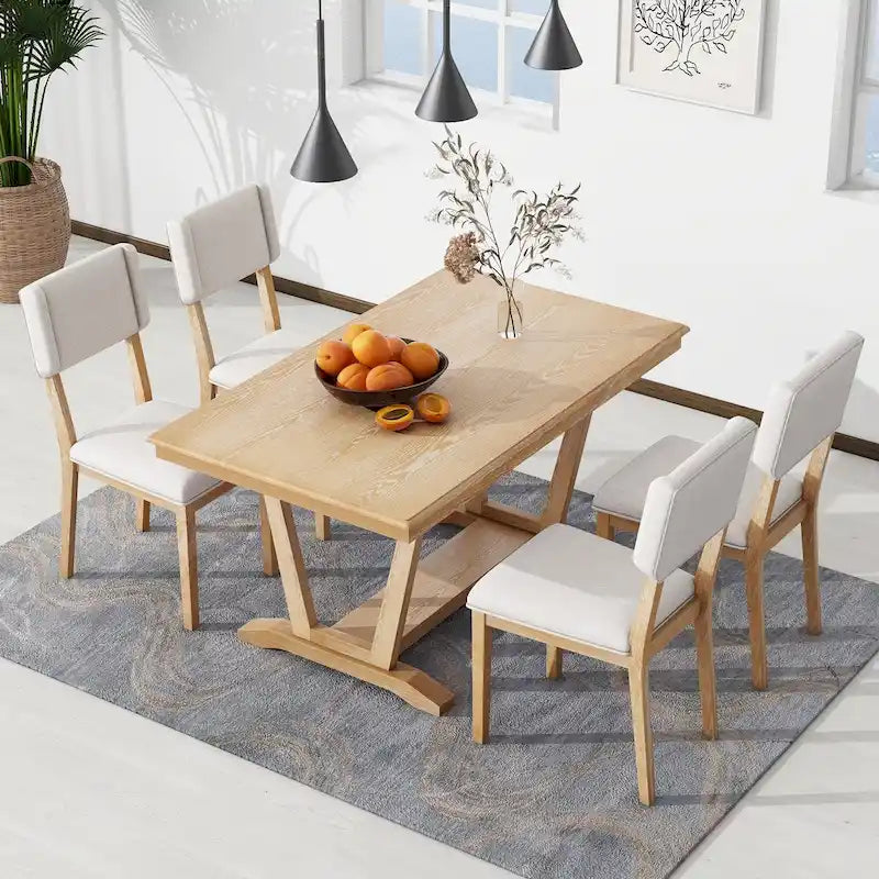 Juego de comedor rústico de 5 piezas - Mesa de madera maciza con base de caballete, mesa de comedor rectangular de 150 cm y 4 sillas tapizadas