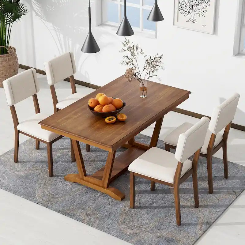 Juego de comedor rústico de 5 piezas - Mesa de madera maciza con base de caballete, mesa de comedor rectangular de 150 cm y 4 sillas tapizadas