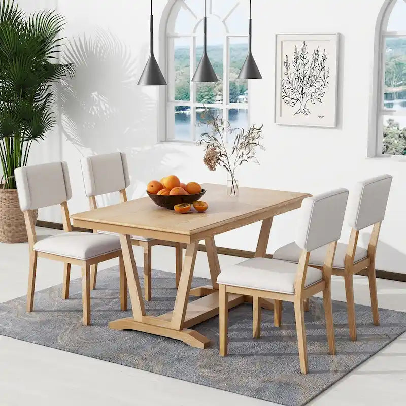Juego de comedor rústico de 5 piezas - Mesa de madera maciza con base de caballete, mesa de comedor rectangular de 150 cm y 4 sillas tapizadas