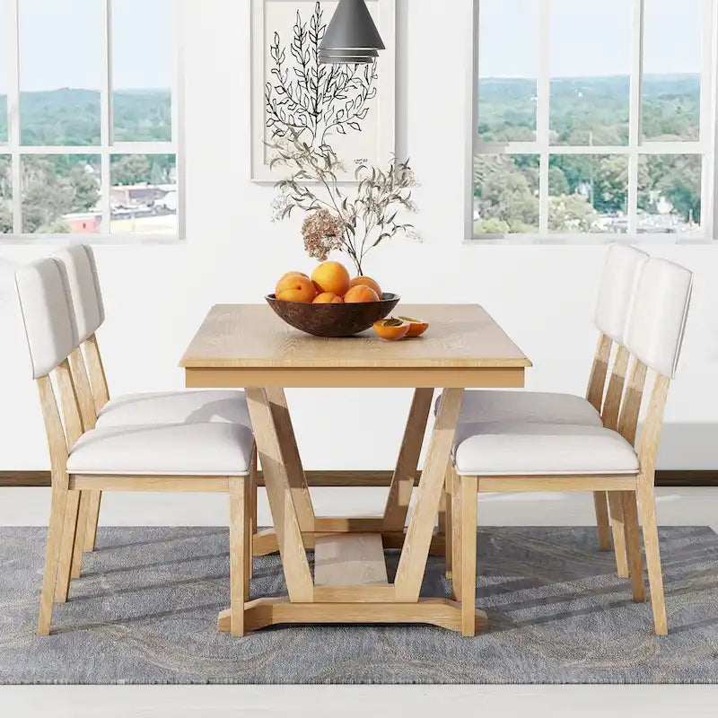 Juego de comedor rústico de 5 piezas - Mesa de madera maciza con base de caballete, mesa de comedor rectangular de 150 cm y 4 sillas tapizadas