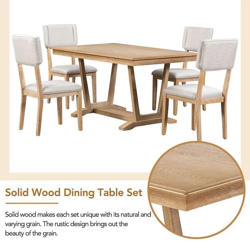 Juego de comedor rústico de 5 piezas - Mesa de madera maciza con base de caballete, mesa de comedor rectangular de 150 cm y 4 sillas tapizadas