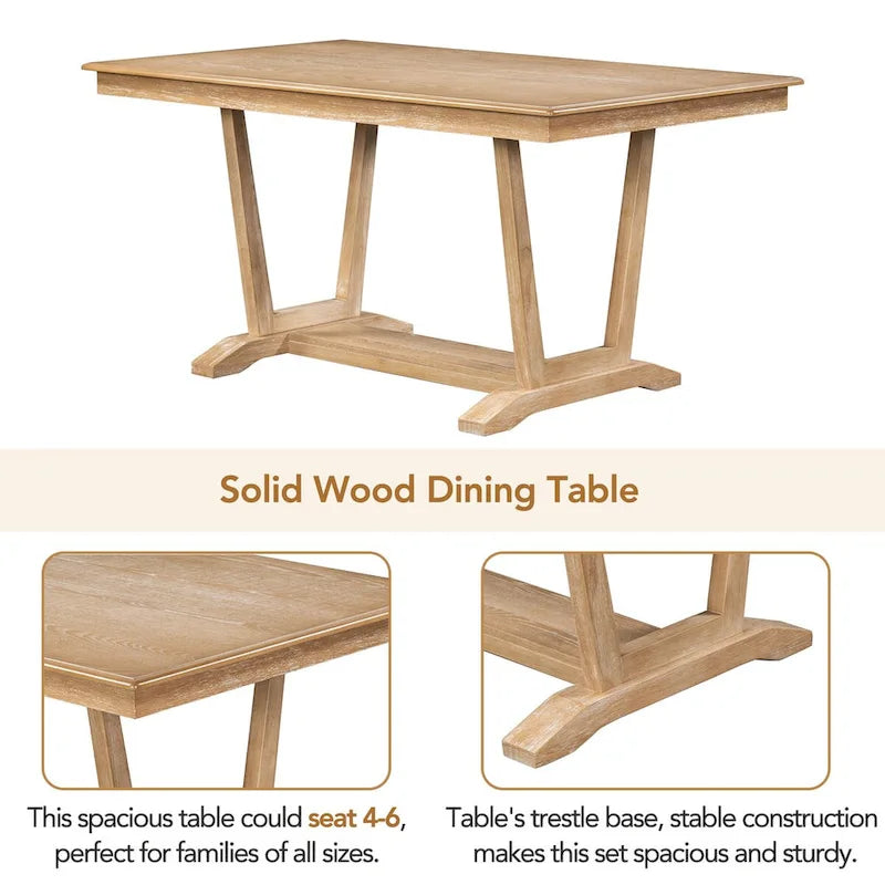 Juego de comedor rústico de 5 piezas - Mesa de madera maciza con base de caballete, mesa de comedor rectangular de 150 cm y 4 sillas tapizadas
