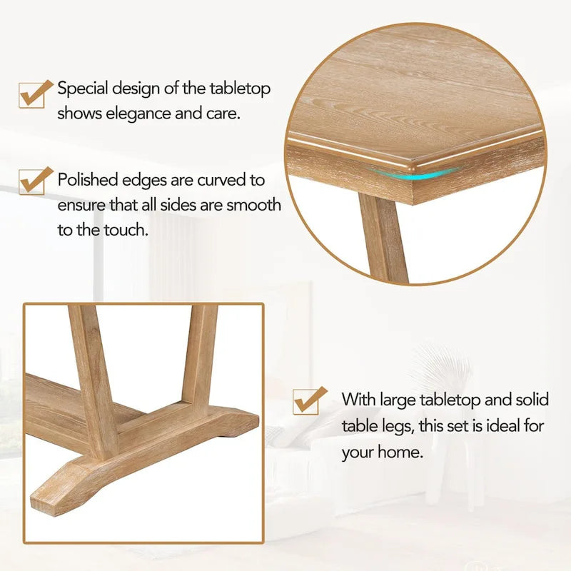 Juego de comedor rústico de 5 piezas - Mesa de madera maciza con base de caballete, mesa de comedor rectangular de 150 cm y 4 sillas tapizadas
