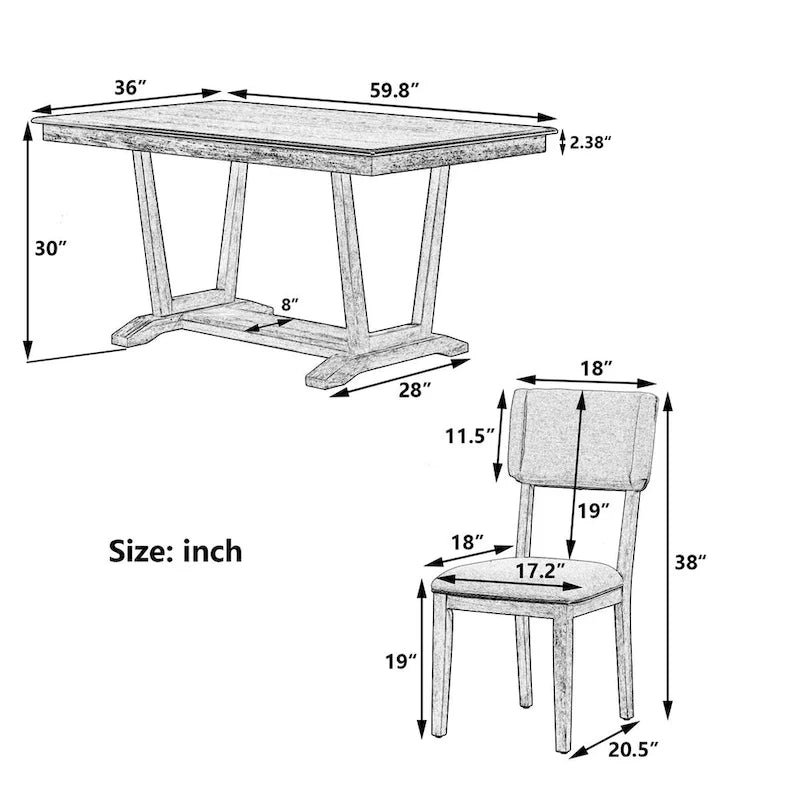 Juego de comedor rústico de 5 piezas - Mesa de madera maciza con base de caballete, mesa de comedor rectangular de 150 cm y 4 sillas tapizadas