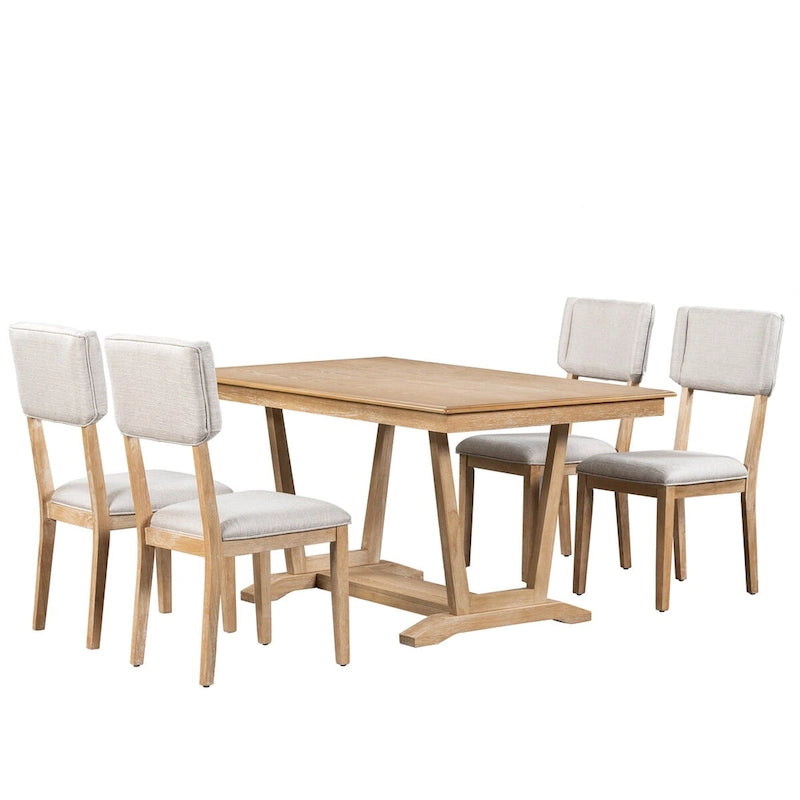 Juego de comedor rústico de 5 piezas - Mesa de madera maciza con base de caballete, mesa de comedor rectangular de 150 cm y 4 sillas tapizadas