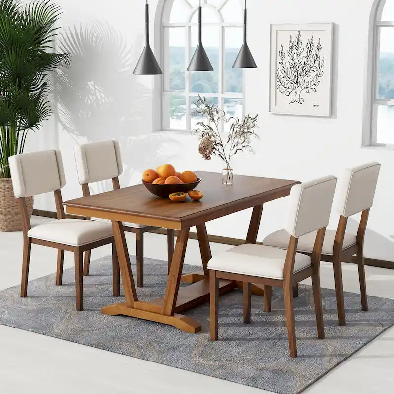 Juego de comedor rústico de 5 piezas - Mesa de madera maciza con base de caballete, mesa de comedor rectangular de 150 cm y 4 sillas tapizadas