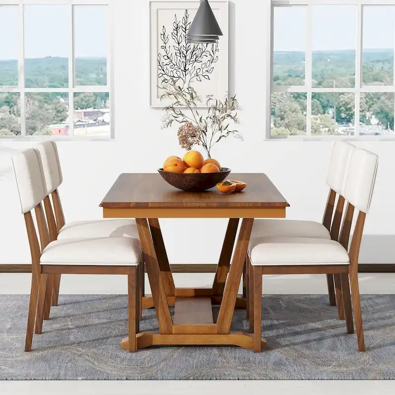 Juego de comedor rústico de 5 piezas - Mesa de madera maciza con base de caballete, mesa de comedor rectangular de 150 cm y 4 sillas tapizadas
