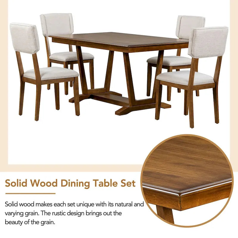 Juego de comedor rústico de 5 piezas - Mesa de madera maciza con base de caballete, mesa de comedor rectangular de 150 cm y 4 sillas tapizadas
