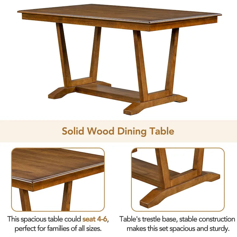 Juego de comedor rústico de 5 piezas - Mesa de madera maciza con base de caballete, mesa de comedor rectangular de 150 cm y 4 sillas tapizadas