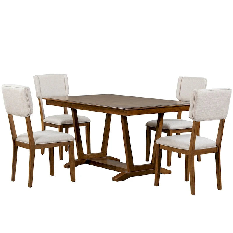 Juego de comedor rústico de 5 piezas - Mesa de madera maciza con base de caballete, mesa de comedor rectangular de 150 cm y 4 sillas tapizadas