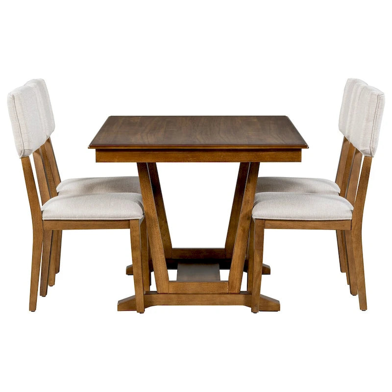 Juego de comedor rústico de 5 piezas - Mesa de madera maciza con base de caballete, mesa de comedor rectangular de 150 cm y 4 sillas tapizadas