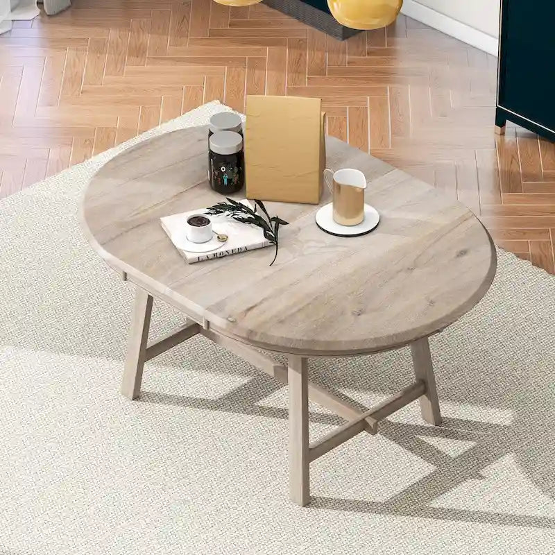 Mesa de Comedor Redonda Extensible, Gris / Lavado de Madera Natural, 4 Asientos