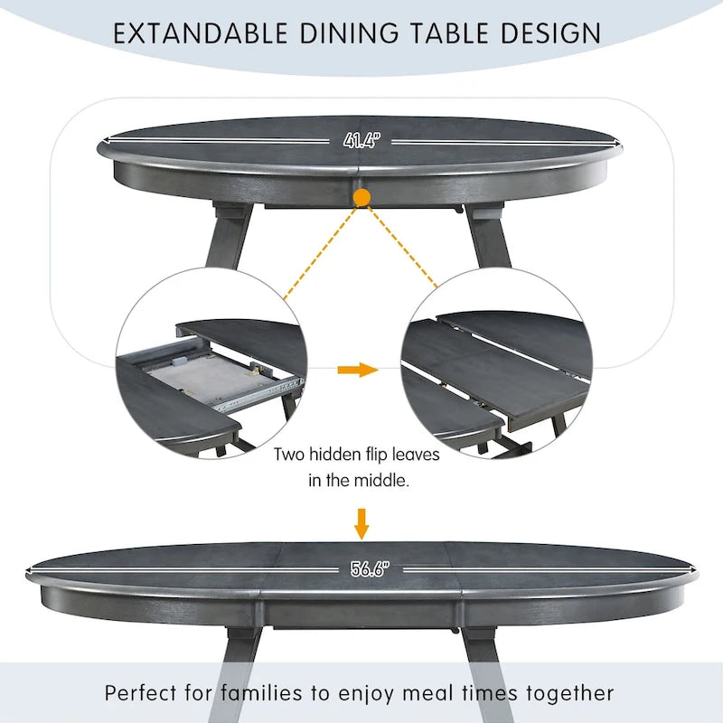 Mesa de Comedor Redonda Extensible, Gris / Lavado de Madera Natural, 4 Asientos
