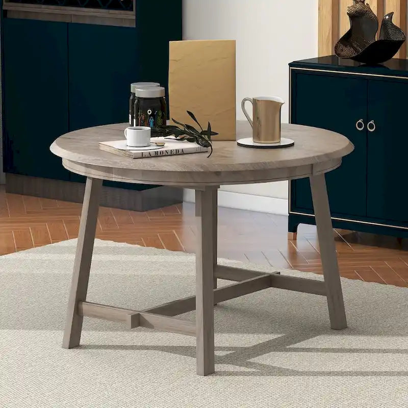 Mesa de Comedor Redonda Extensible, Gris / Lavado de Madera Natural, 4 Asientos