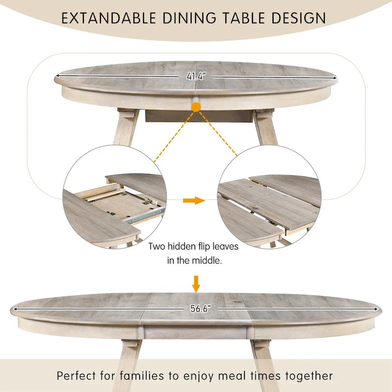 Mesa de Comedor Redonda Extensible, Gris / Lavado de Madera Natural, 4 Asientos