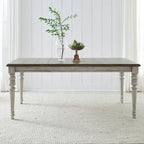 Mesa de comedor rectangular en blanco antiguo y gris desgastado, con capacidad para 6 personas