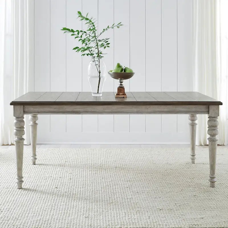 Mesa de comedor rectangular en blanco antiguo y gris desgastado, con capacidad para 6 personas
