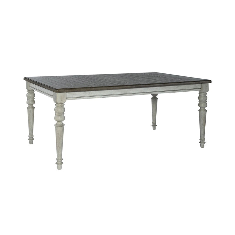 Mesa de comedor rectangular en blanco antiguo y gris desgastado, con capacidad para 6 personas