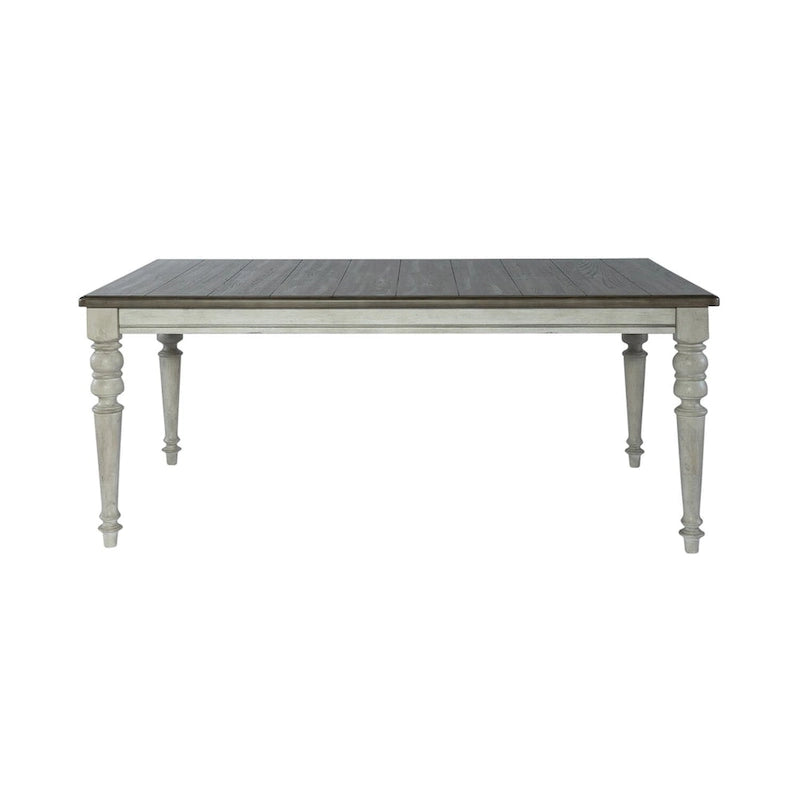 Mesa de comedor rectangular en blanco antiguo y gris desgastado, con capacidad para 6 personas