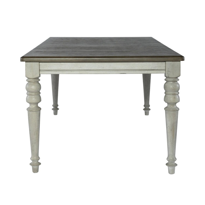 Mesa de comedor rectangular en blanco antiguo y gris desgastado, con capacidad para 6 personas