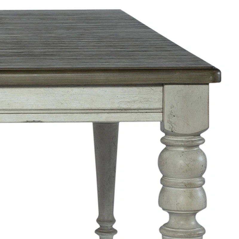Mesa de comedor rectangular en blanco antiguo y gris desgastado, con capacidad para 6 personas