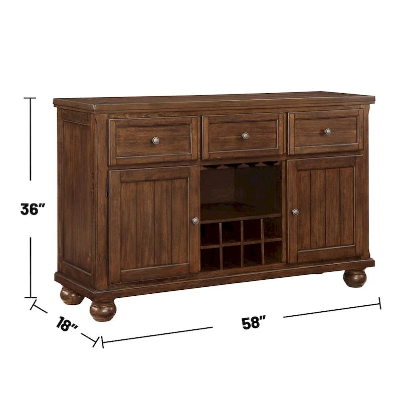 Servidor de comedor de 3 cajones y 2 puertas nogal marrón con almacenamiento de vino – Capacidad para 8 personas