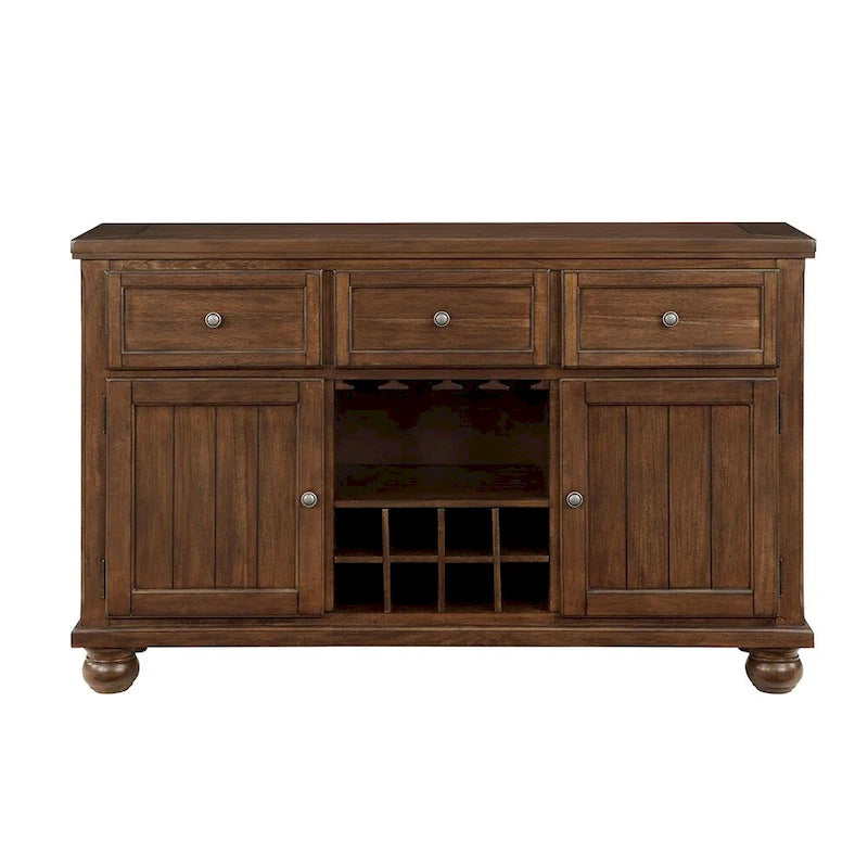Servidor de comedor de 3 cajones y 2 puertas nogal marrón con almacenamiento de vino – Capacidad para 8 personas