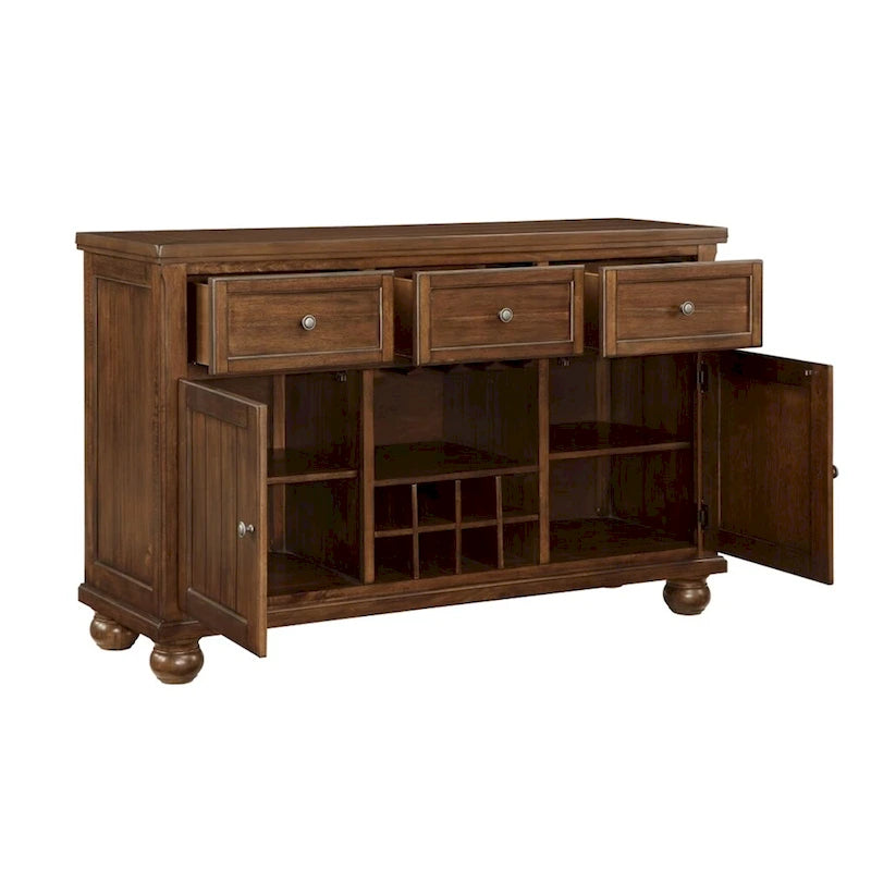 Servidor de comedor de 3 cajones y 2 puertas nogal marrón con almacenamiento de vino – Capacidad para 8 personas