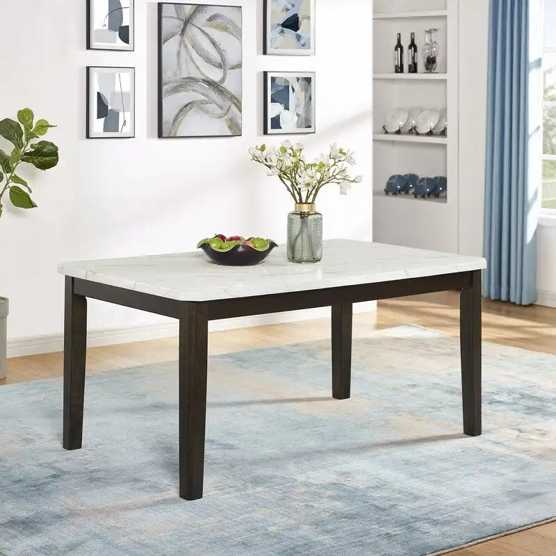 Mesa de comedor rectangular de imitación mármol blanco, patas de madera marrón – Para 6 personas, solo la mesa