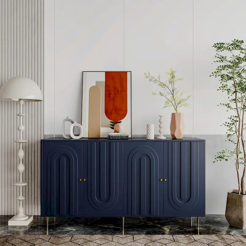 Aparador / mueble auxiliar minimalista de 4 puertas gris/azul, para 1