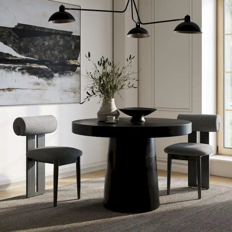 Mesa de comedor redonda de hormigón negro, base de pedestal, para 4 personas