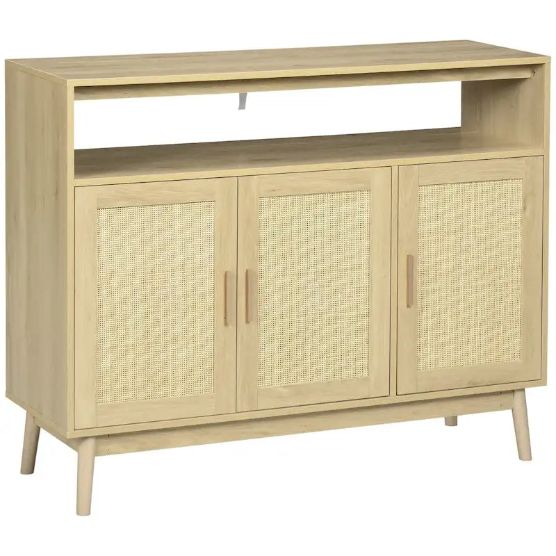 Aparador de madera natural con puertas de ratán, 3 puertas