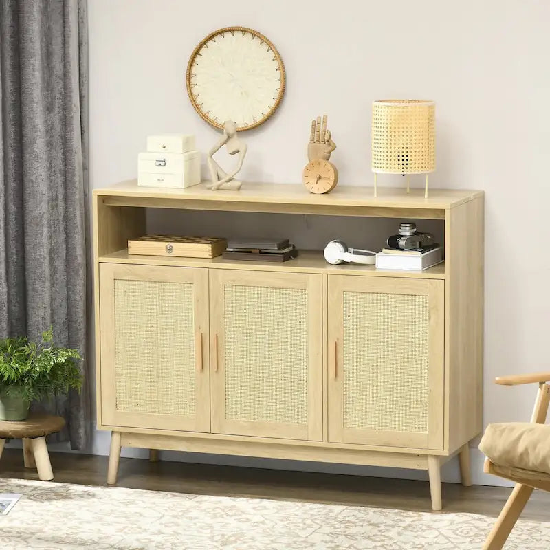 Aparador de madera natural con puertas de ratán, 3 puertas
