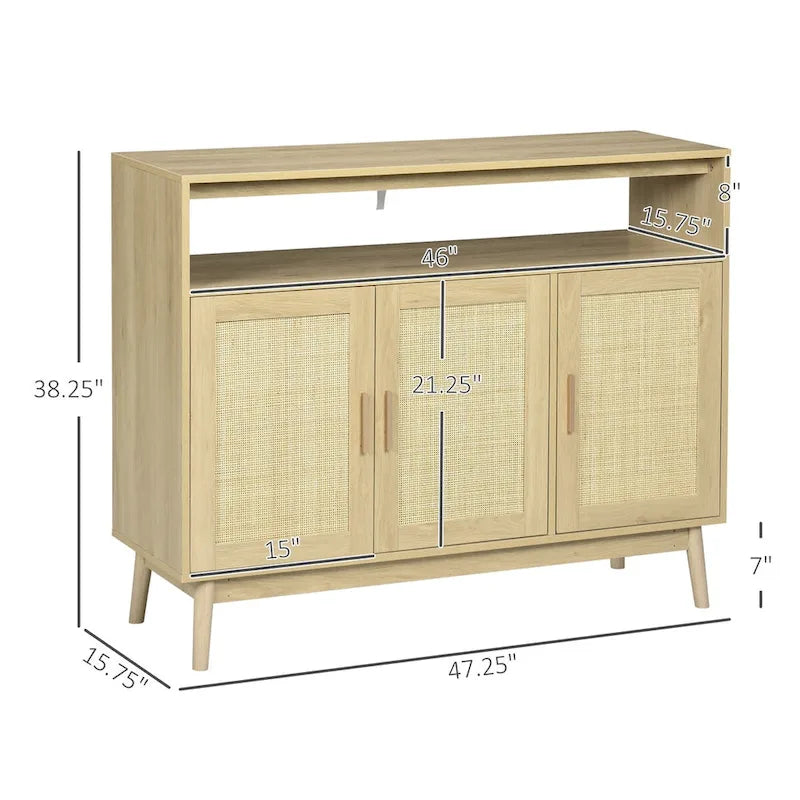 Aparador de madera natural con puertas de ratán, 3 puertas