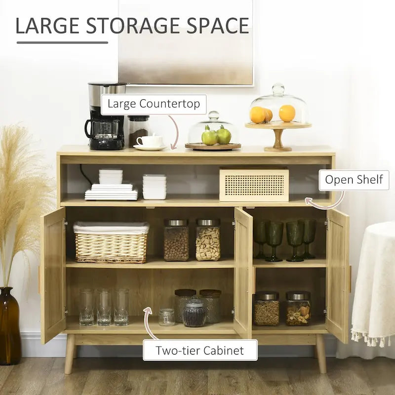 Aparador de madera natural con puertas de ratán, 3 puertas