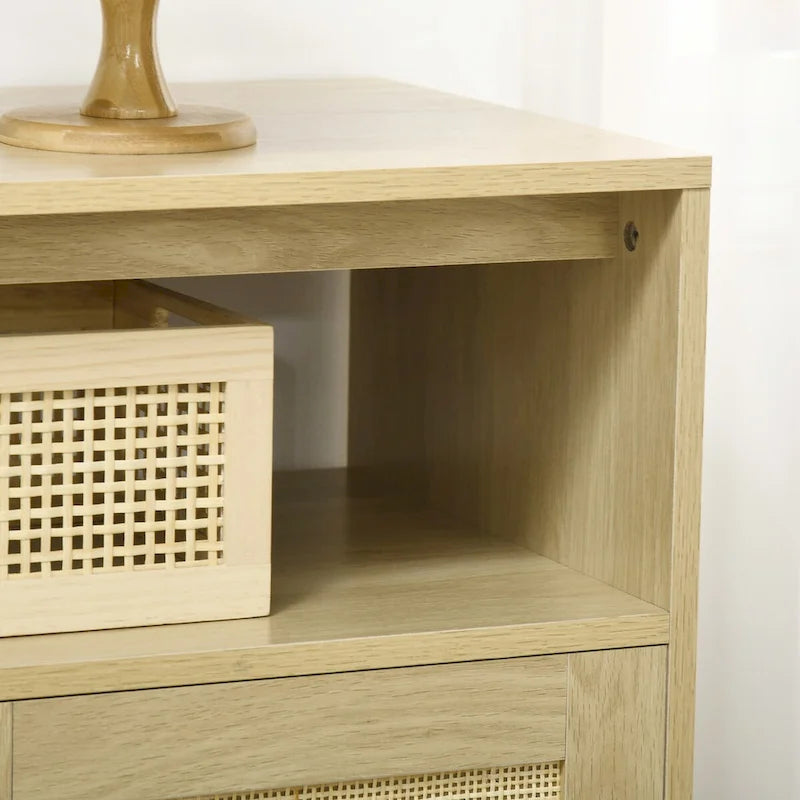 Aparador de madera natural con puertas de ratán, 3 puertas